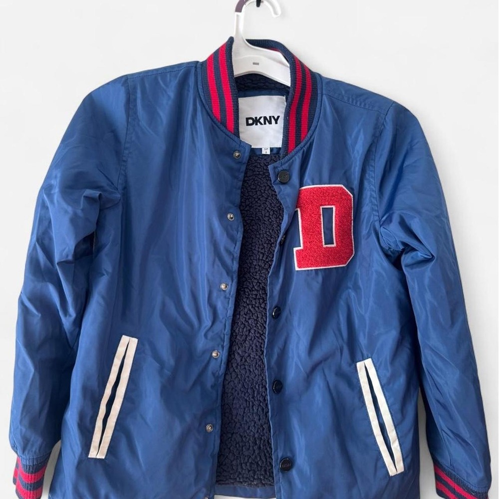 'DKNY blue varsity kids boys jacket with red and white accents Zise S P8